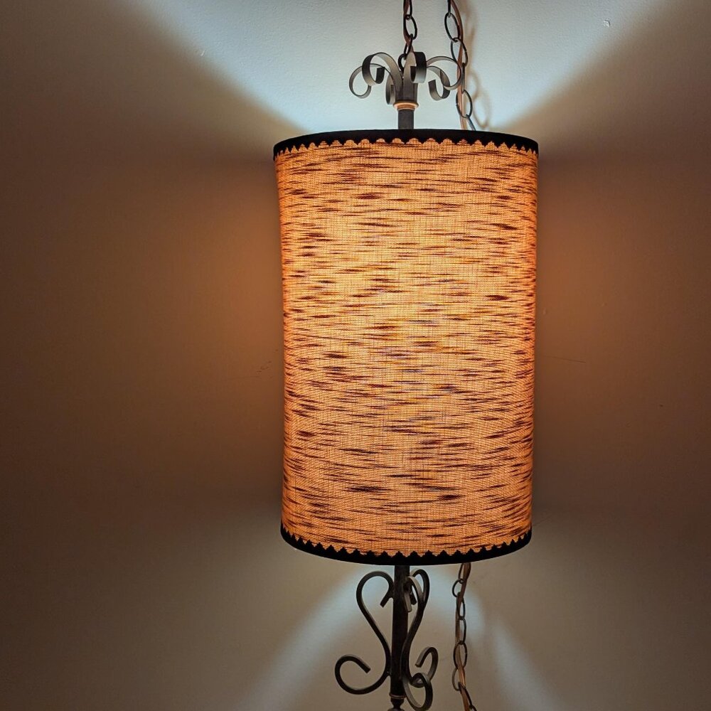 MCM fabric and wrought metal swag lamp with long chain, pendant light, vintage